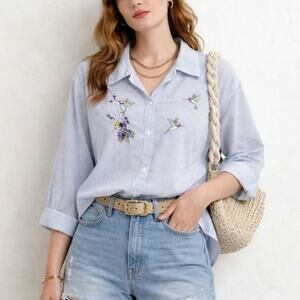 Adrian Delafield Purple Hummingbird Embroidered Wearable Art Button-Up Top Sz 4X